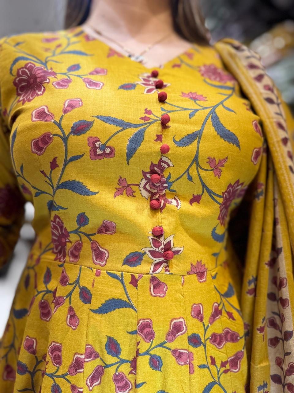 Pure Cotton Yellow 24kali Anarkali 3pc Set