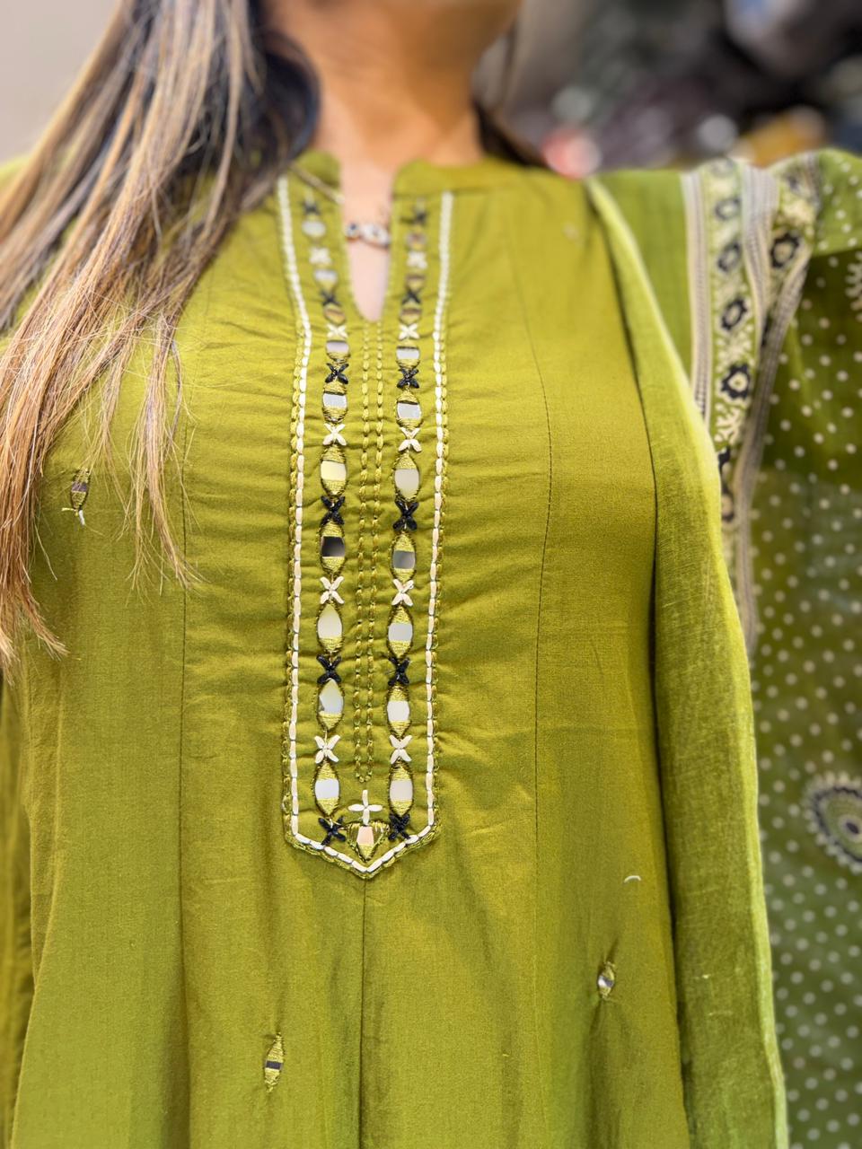 Pure Cotton Green Anarkali 3pc Set