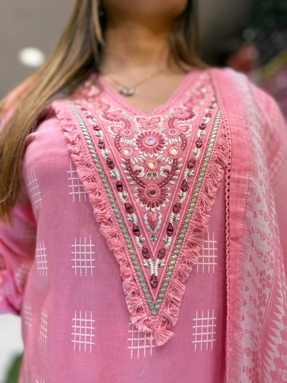 Pure Jamdani Cotton Pink Farsi Salwar 3pc Set