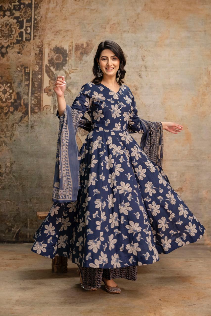 Pure Cotton Blue 24Kali Anarkali 3pc Set