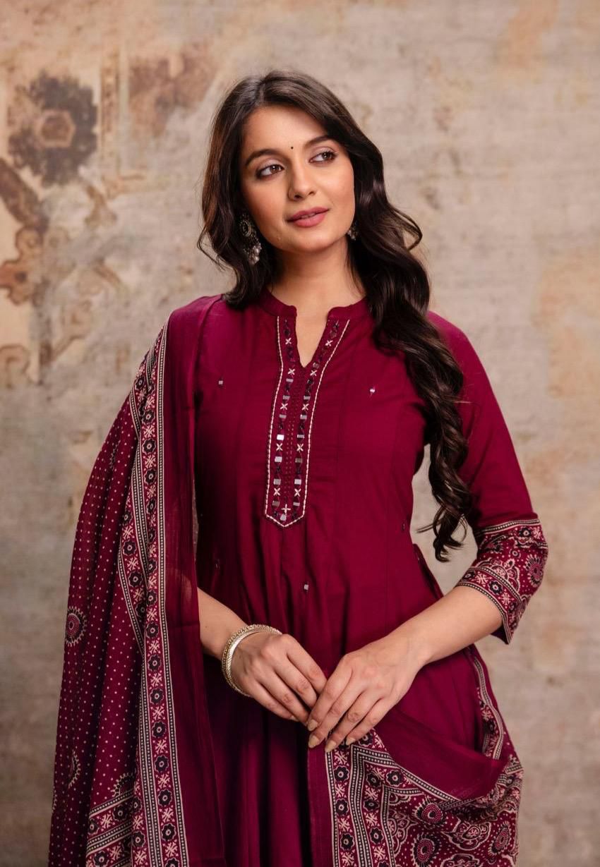 Pure Cotton Wine Anarkali 3pc Set