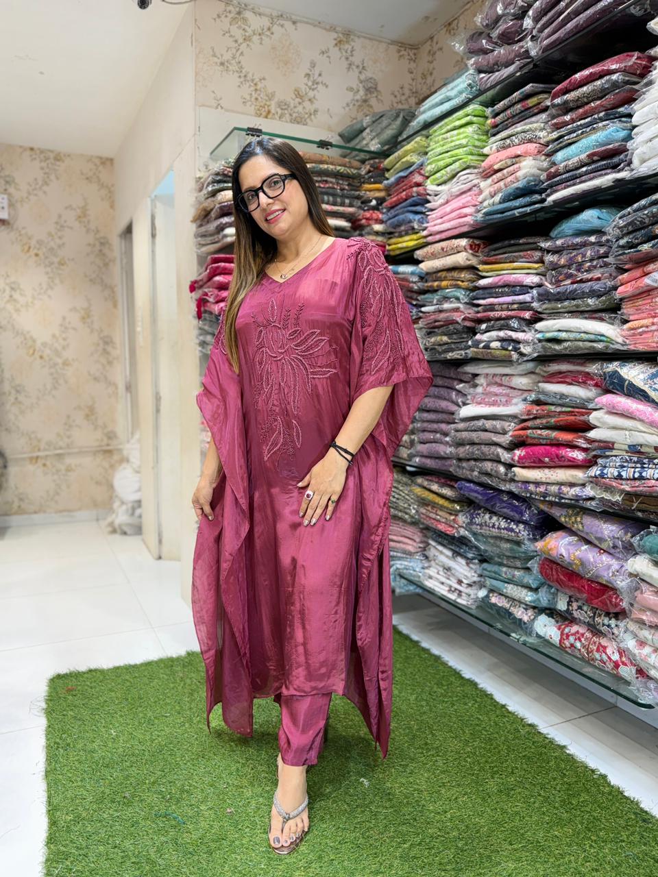 Pure Crep Burgundy Kaftan 3pc Set