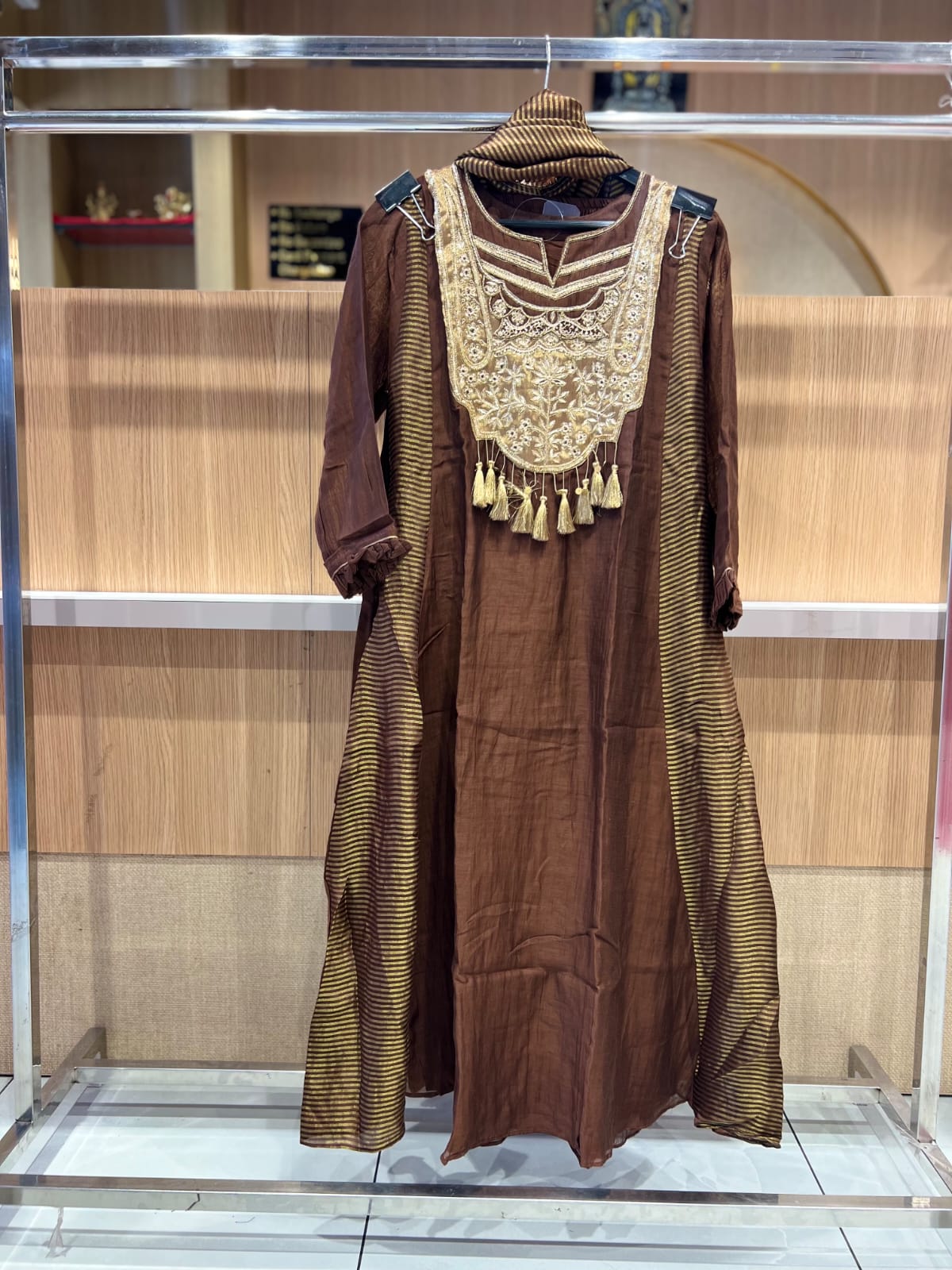 Pure Banaras Mull Chanderi Brown 3pc Set