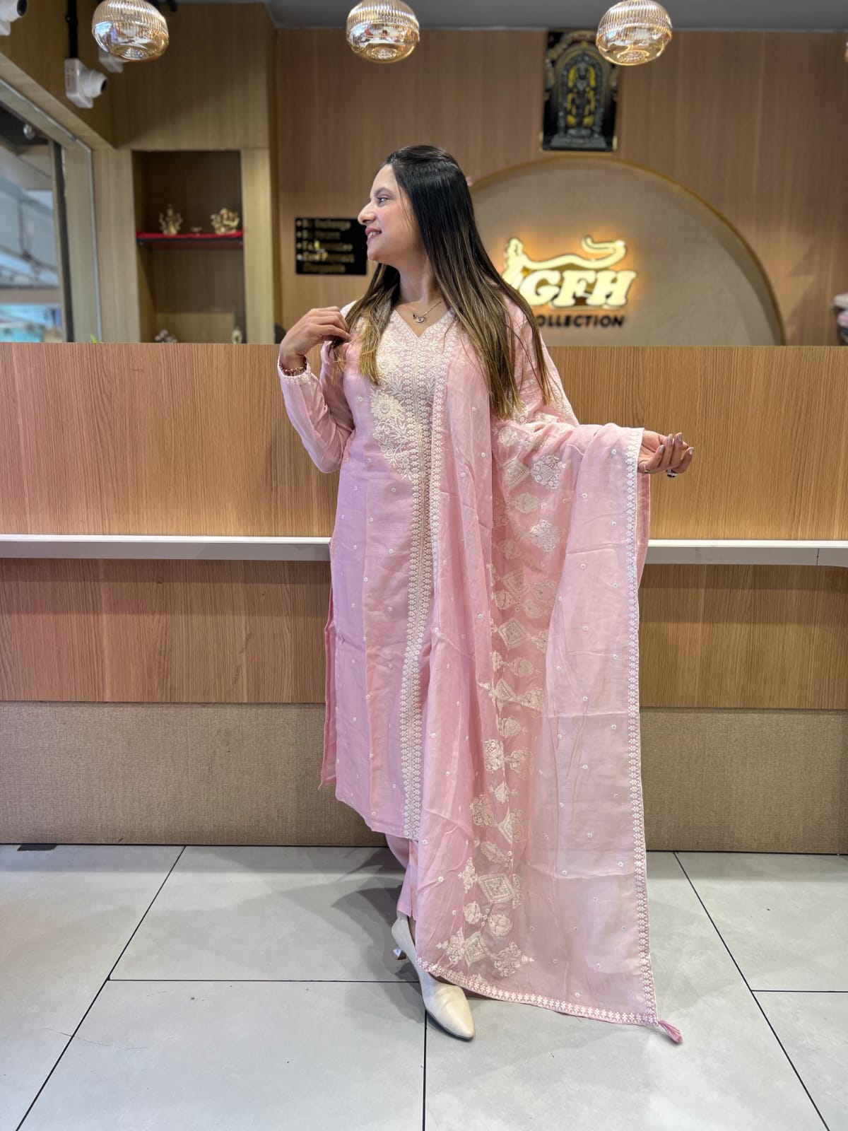Pure Banaras Mull Chanderi Baby Pink 3pc Set