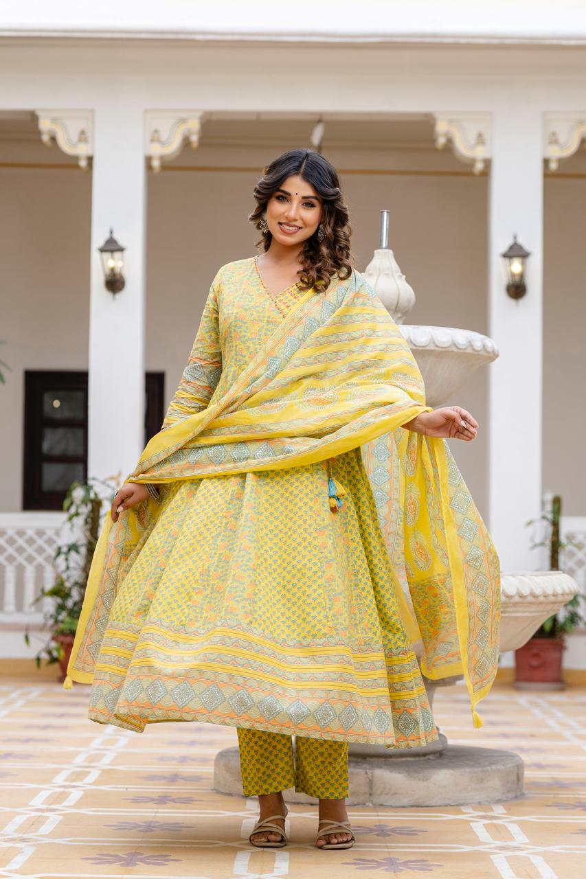Pure Cotton Neon Green Anarkali 3pc Set