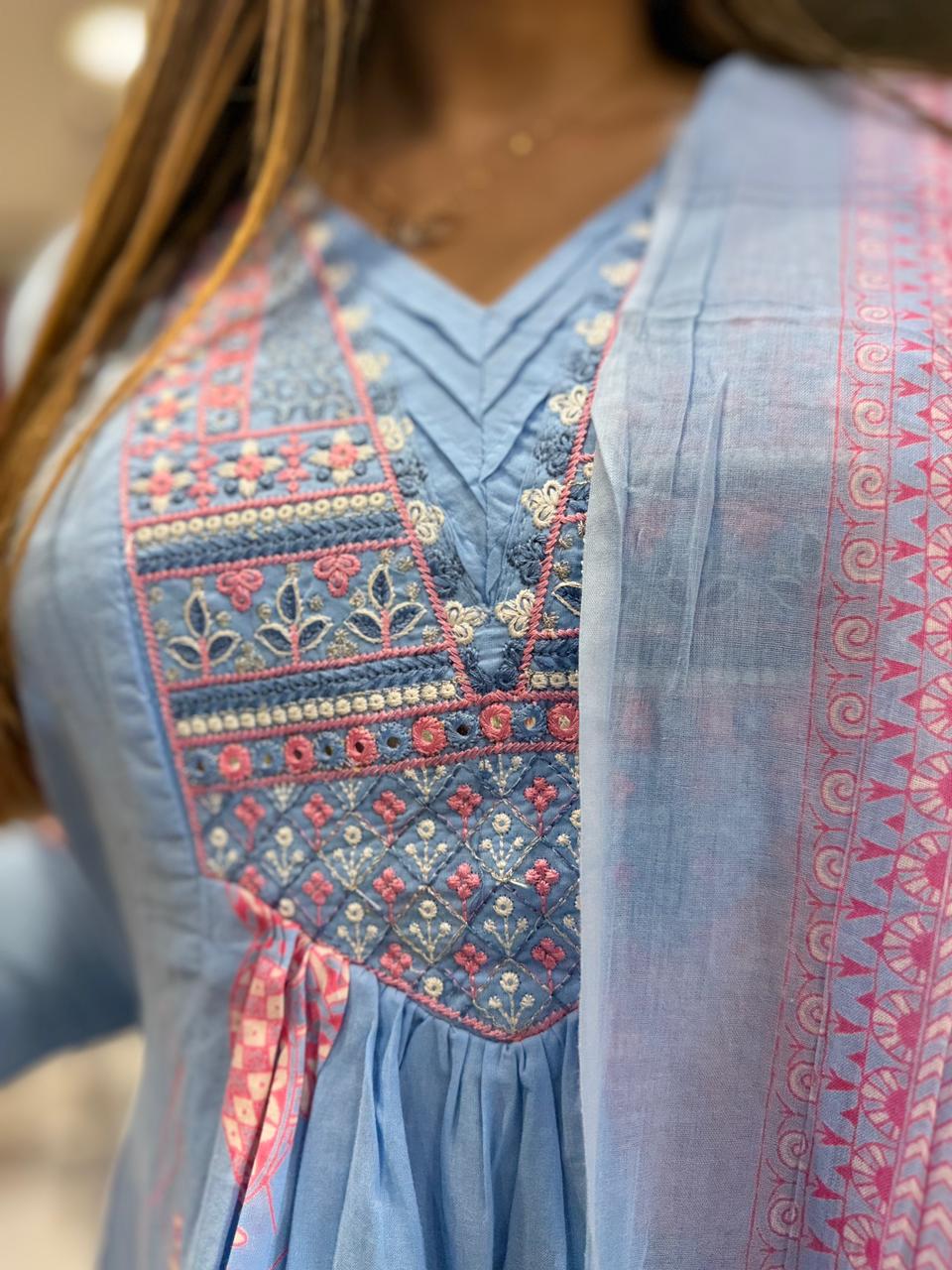 Pure Cotton Sky Blue A- Line 3pc Set