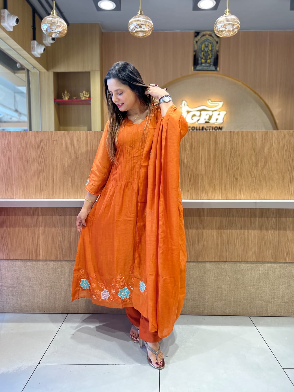 Banaras Mull Chanderi Rust Orange 3pc Set