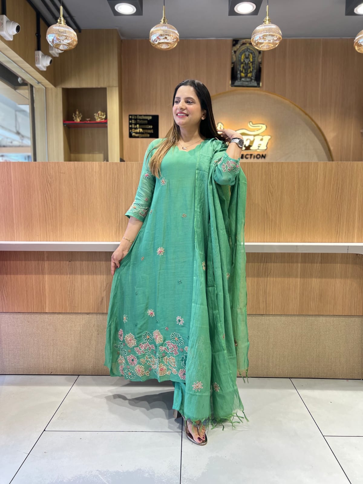 Banaras Mull Chanderi Leaf Green 3pc Set