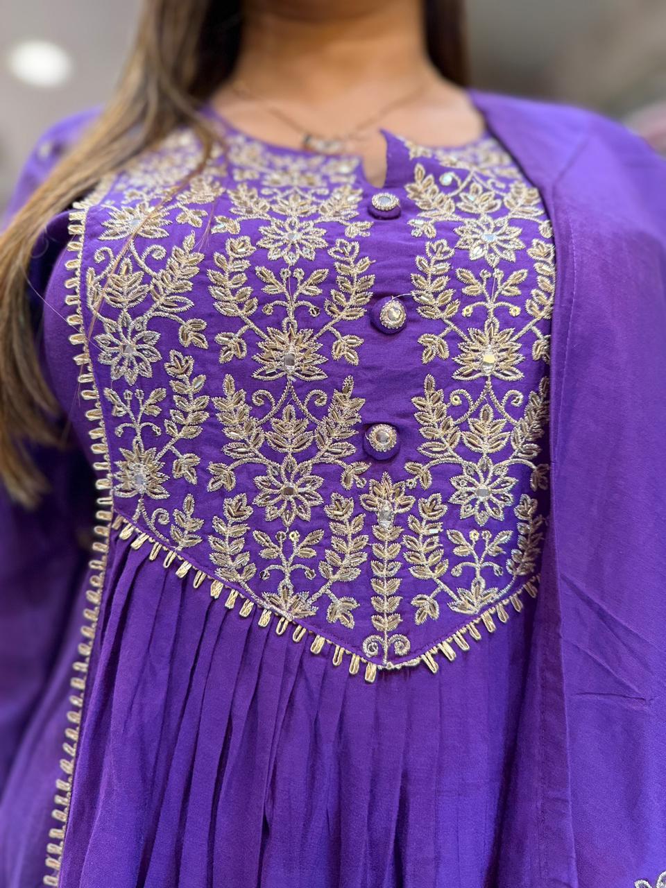 Pure Banarasi mull chanderi Purple Anarkali 3pc Set