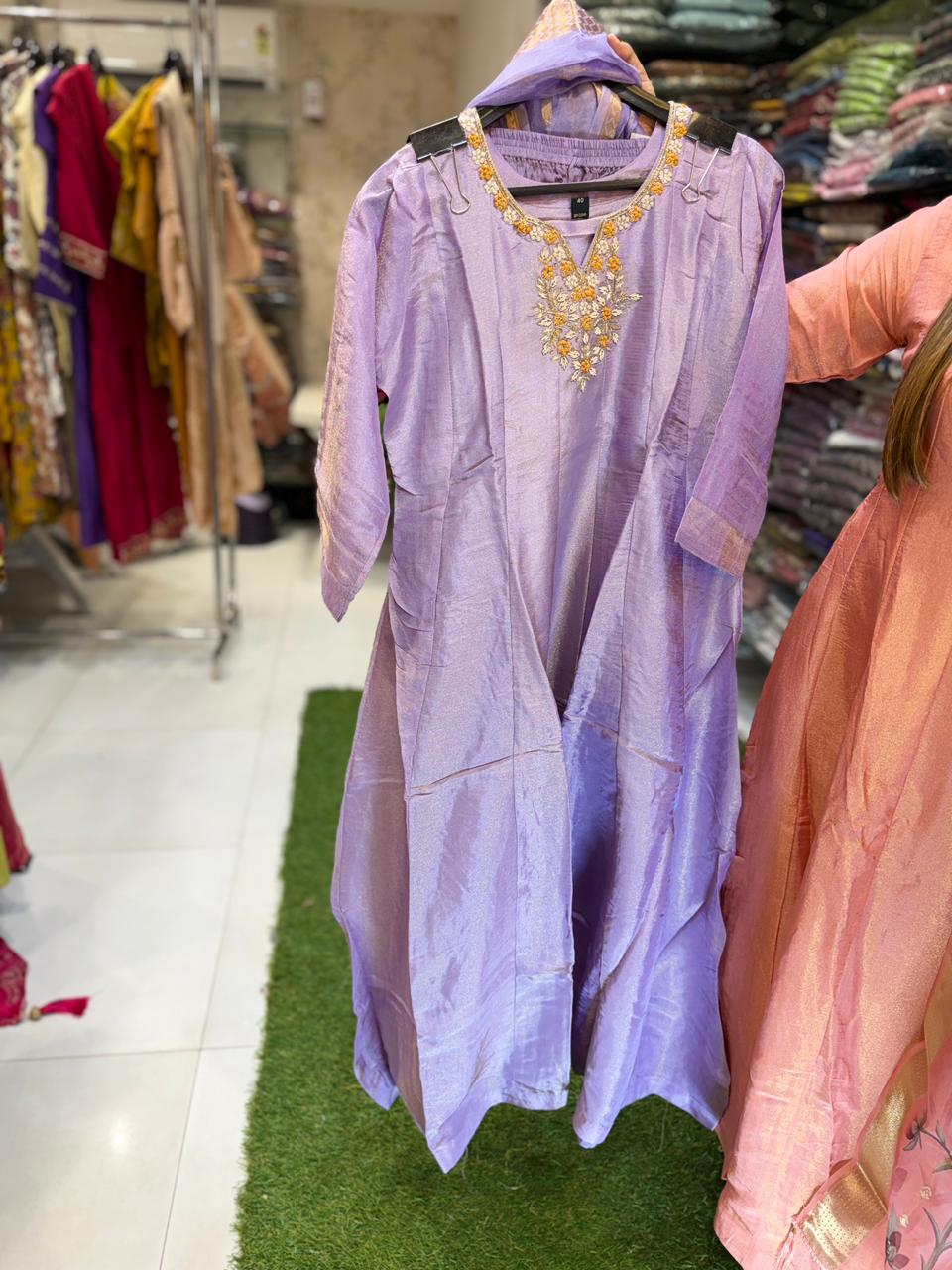 Pure Tissue Lavender Shoulder Anarkali 3pc Set