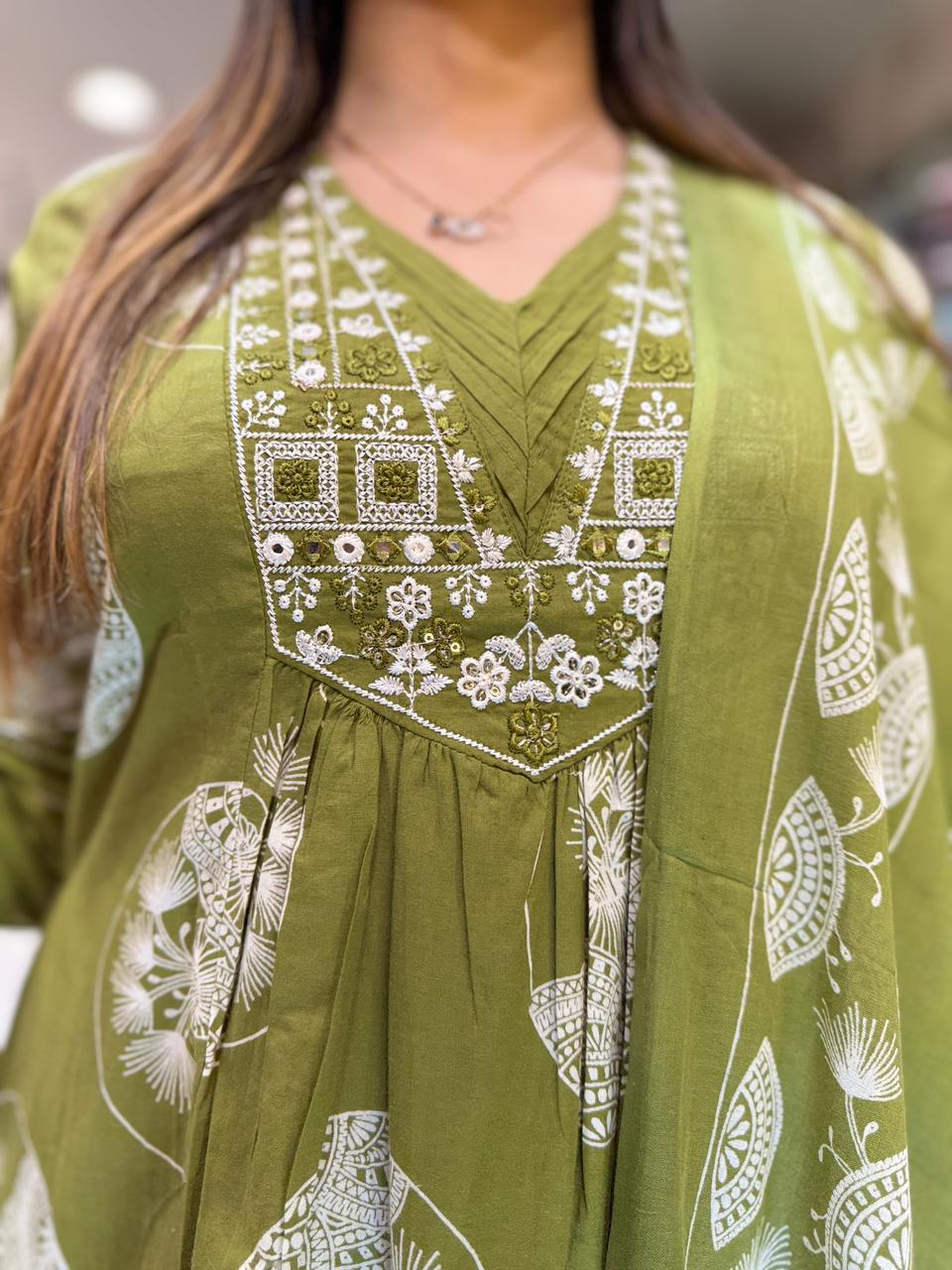 Pure Cotton Green A- Line 3pc Set