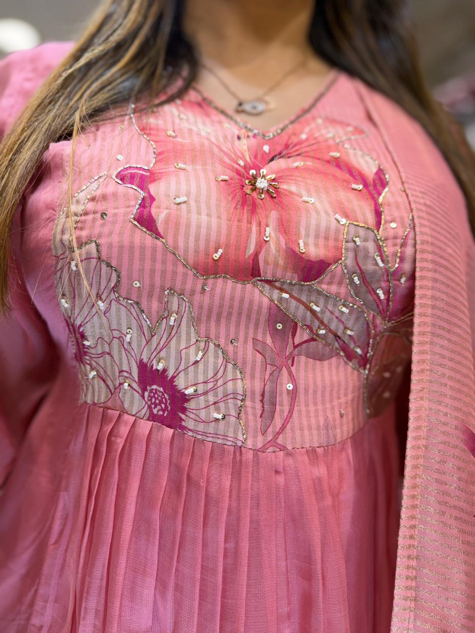 Pure VIscose Organza Handwork Onion pink color 3 pc set