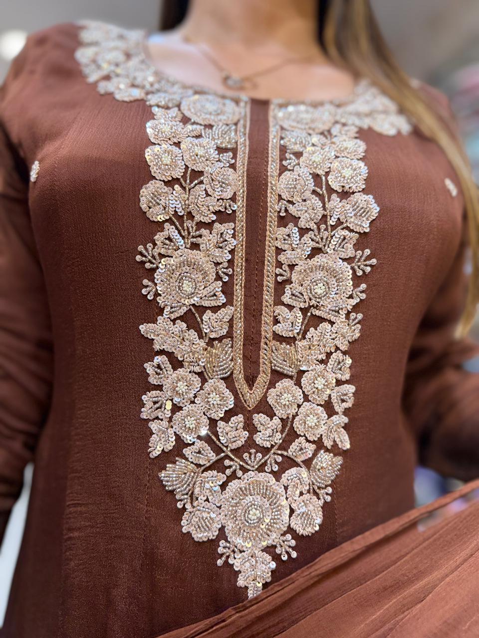 Pure Chinon Shoulder Anarkali Brown