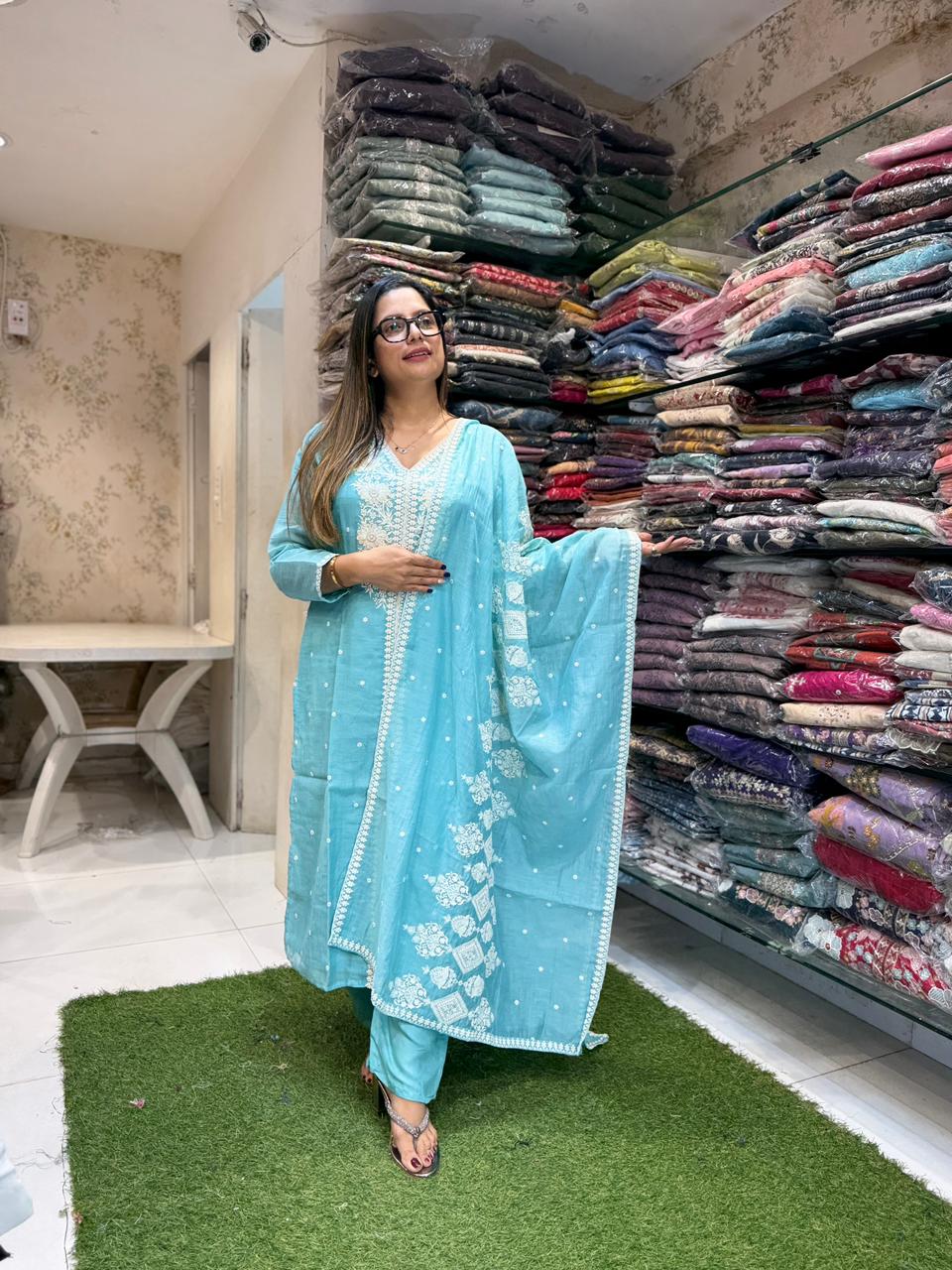 Pure Banaras Mull Chanderi Aqua Blue 3pc Set