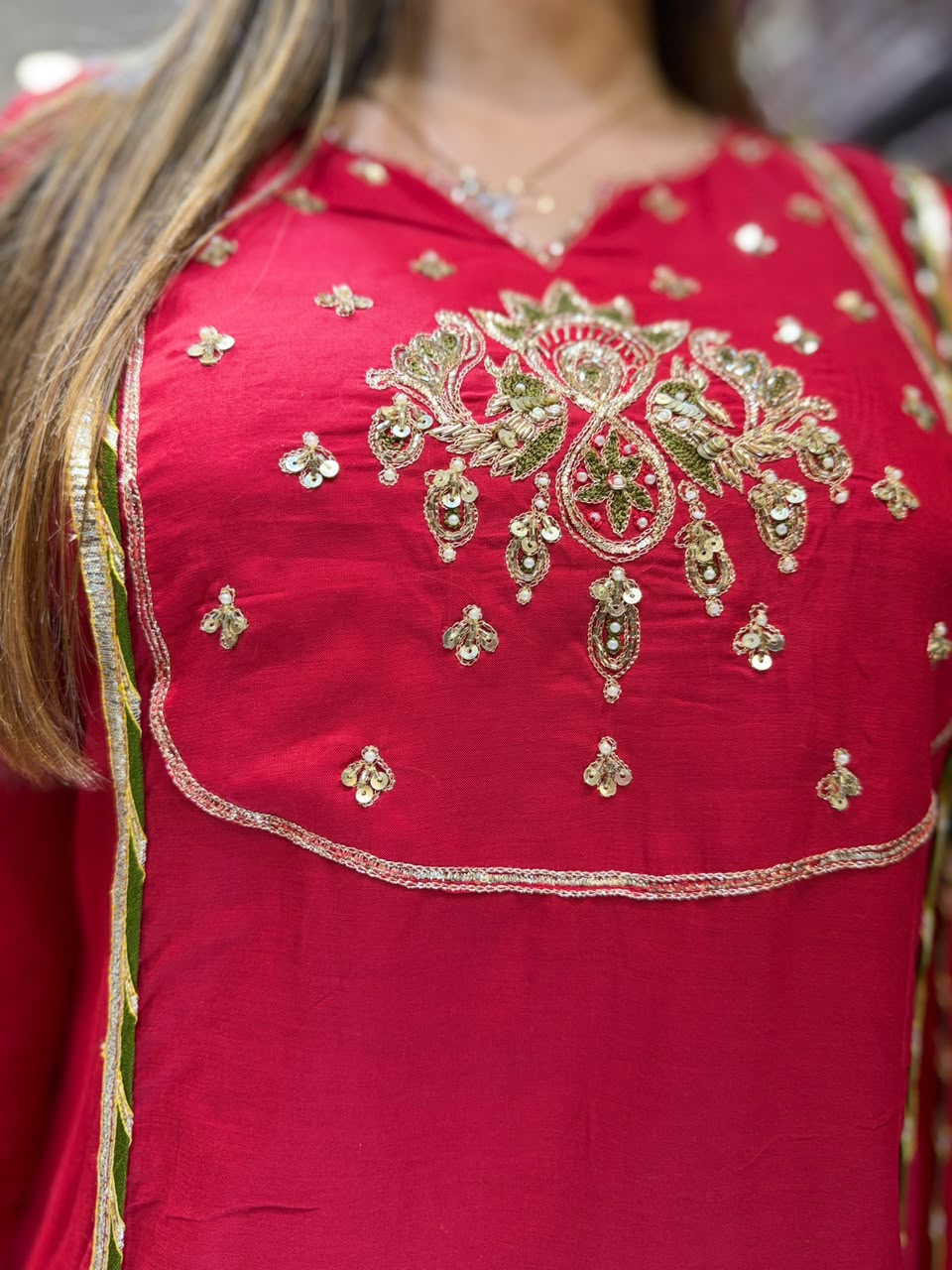 Pure Banaras Mull Chanderi Red 3pc Set