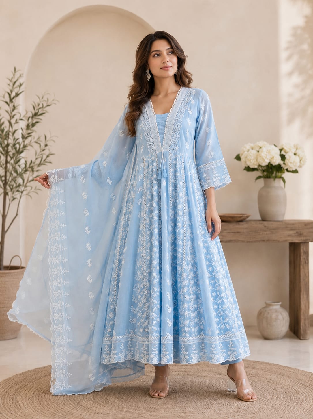 Pure Mull Cotton Sky Blue Shoulder Anarkali 3pc Set