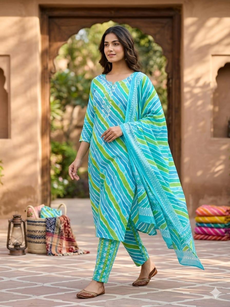 Pure Cotton Blue And Firozi 3pc Set