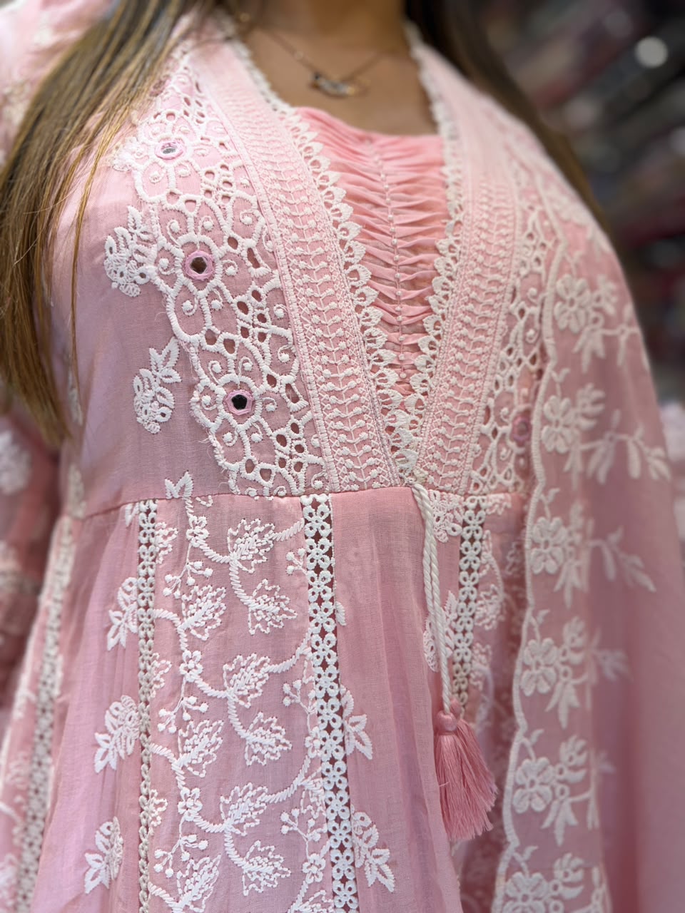 Pure Mull Cotton Pink Shoulder Anarkali 3pc Set