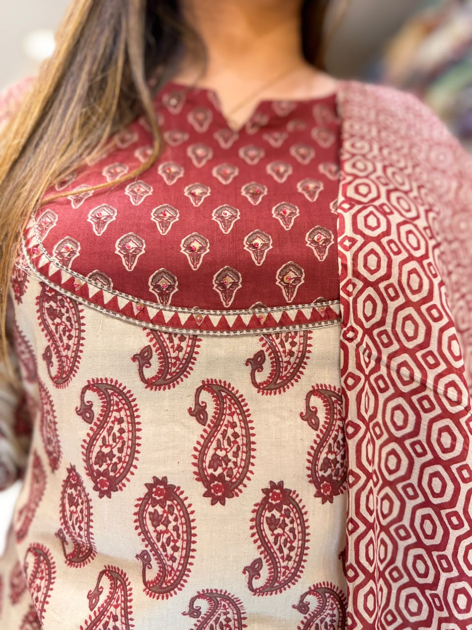 Pure Cotton Beige And Maroon 3pc Set