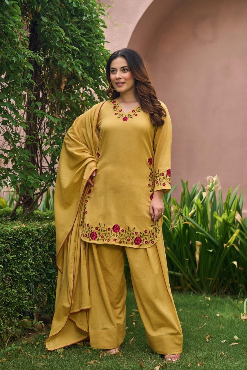 Pure Slub Cotton Farsi Salwar Yellow 3pc Set