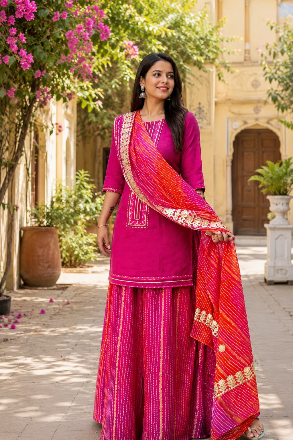 Pure Kota Doria Pink And Orange 3pc Set