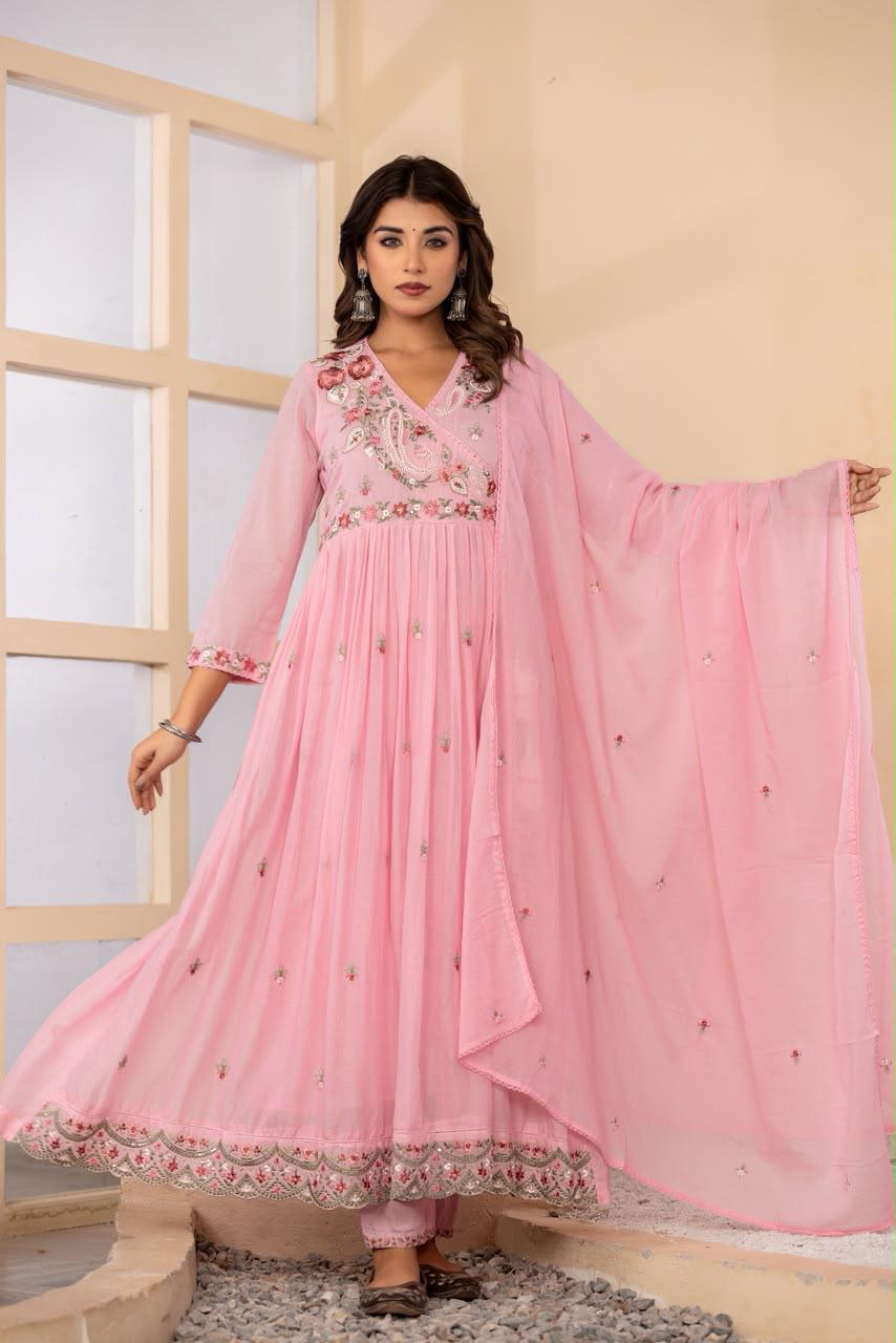 Pure Mull Cotton Anarkali Baby Pink 3pc Set
