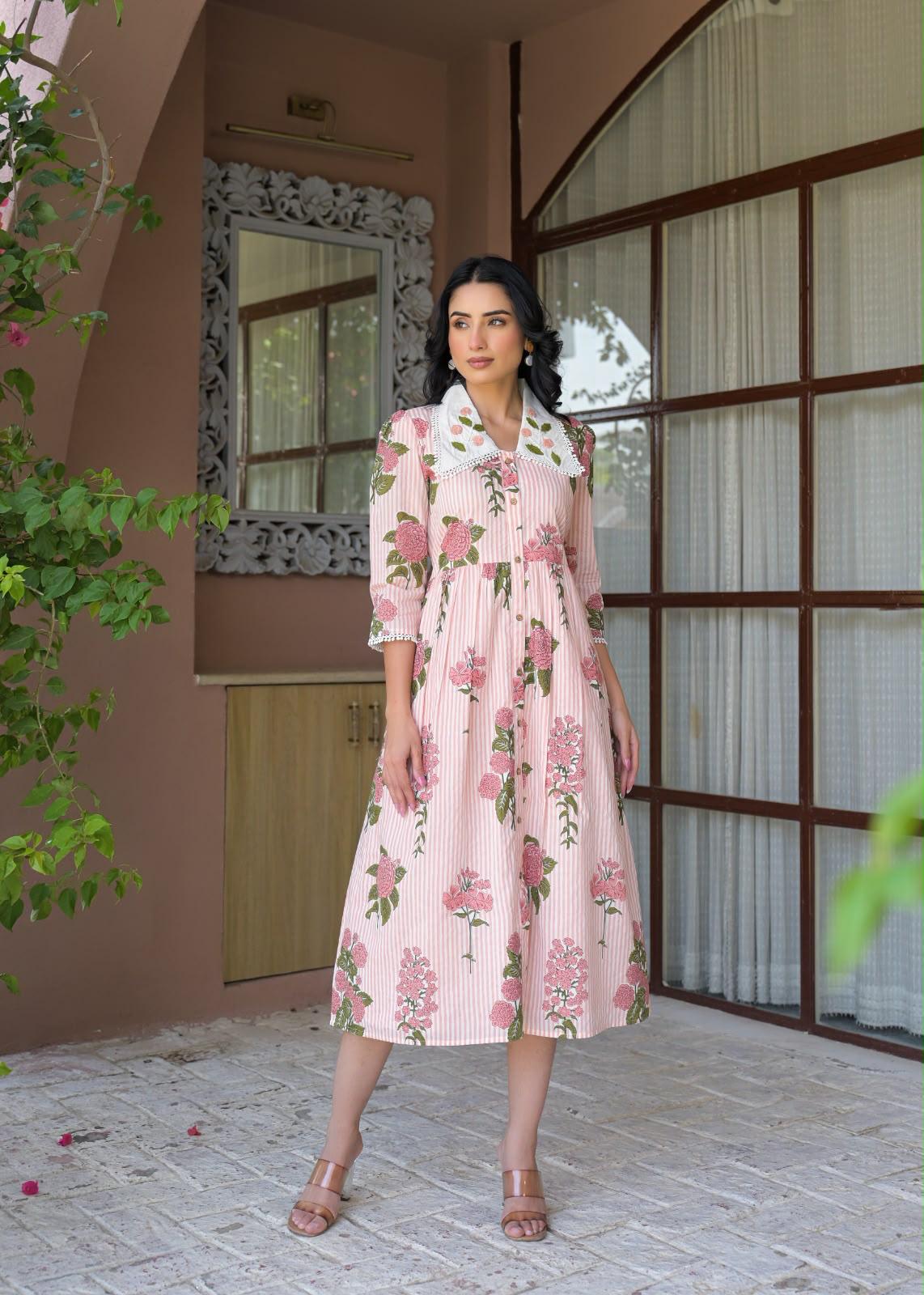 Pure Cotton Off White And Peach Pink Midi