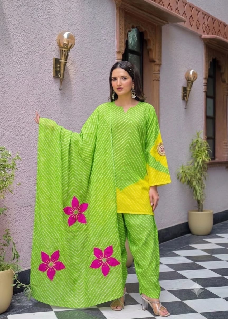 Pure Cotton Farsi Salwar Green 3pc Set