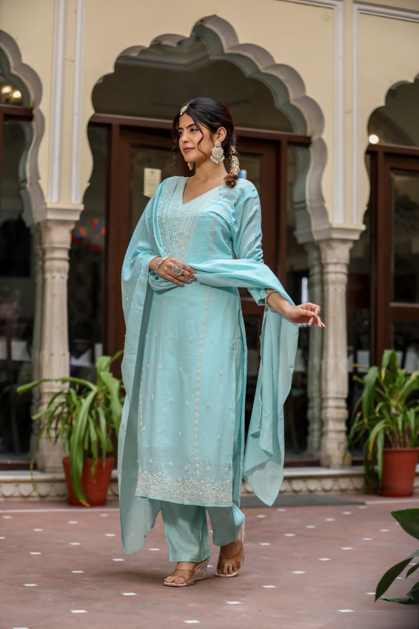 Pure Muslin Sky Blue 3pc Set