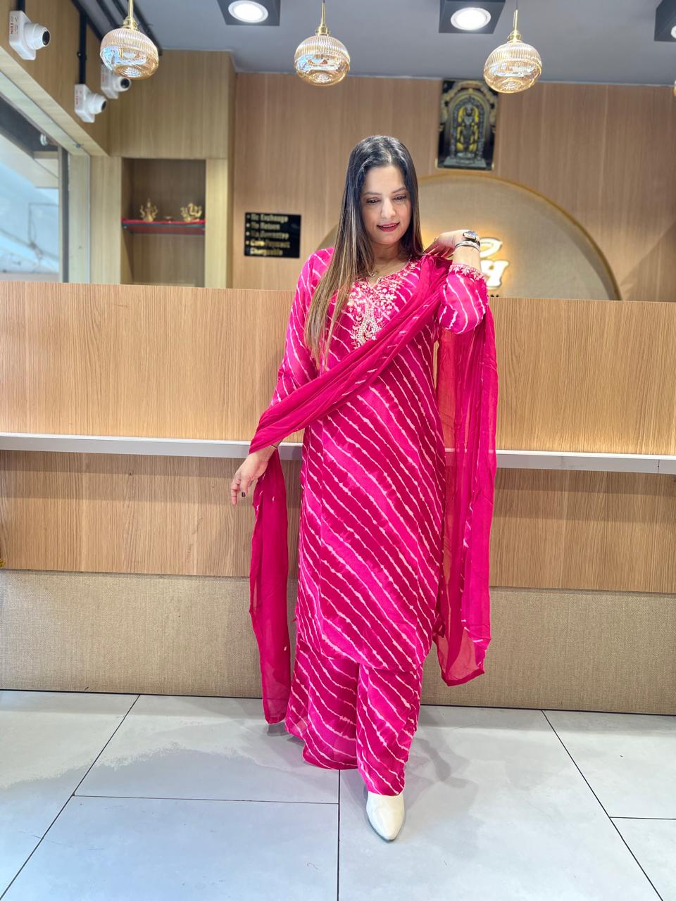 Pure Georgette Lehariya 3 Pc set (Pink Color)