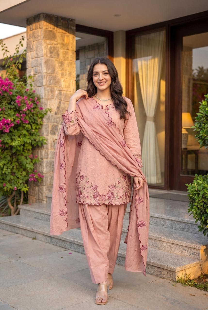 Pure Mull Cotton Farsi Salwar Blush Pink 3pc Set