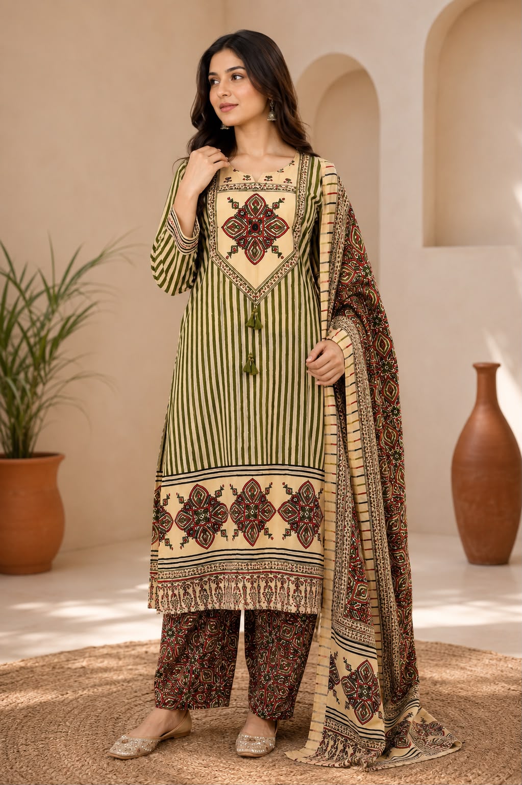 Pure Cotton Beige And Green 3pc Set