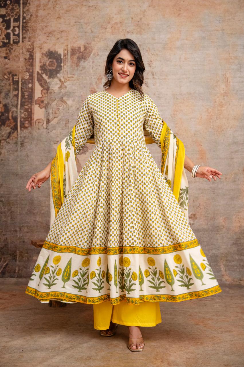 Pure Cotton Pearl White And Yellow 24kali Anarkali 3pc Set