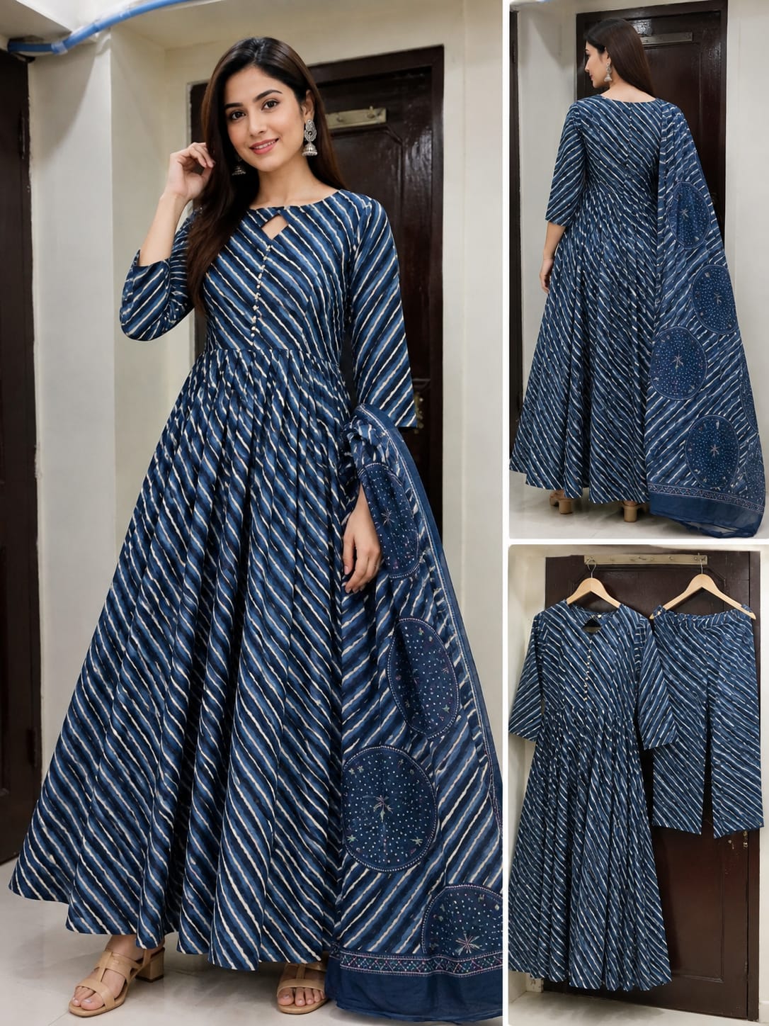Pure Cotton Blue 24kali Anarkali 3pc Set