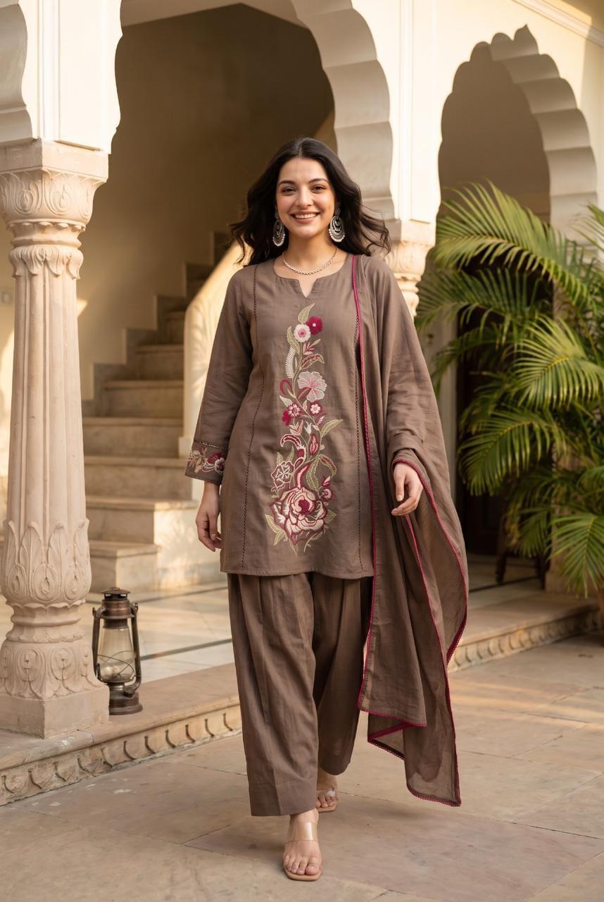 Pure Slub Cotton Farsi Salwar Brown 3pc Set