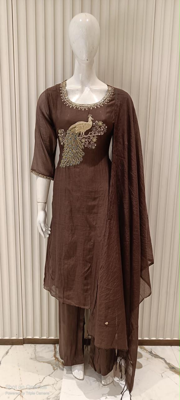 Pure Banaras Mull Chanderi Brown 3pc Set