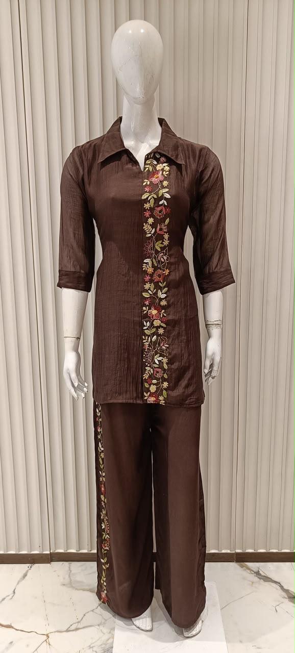 Pure Banaras Mull Chanderi Brown 2pc Set