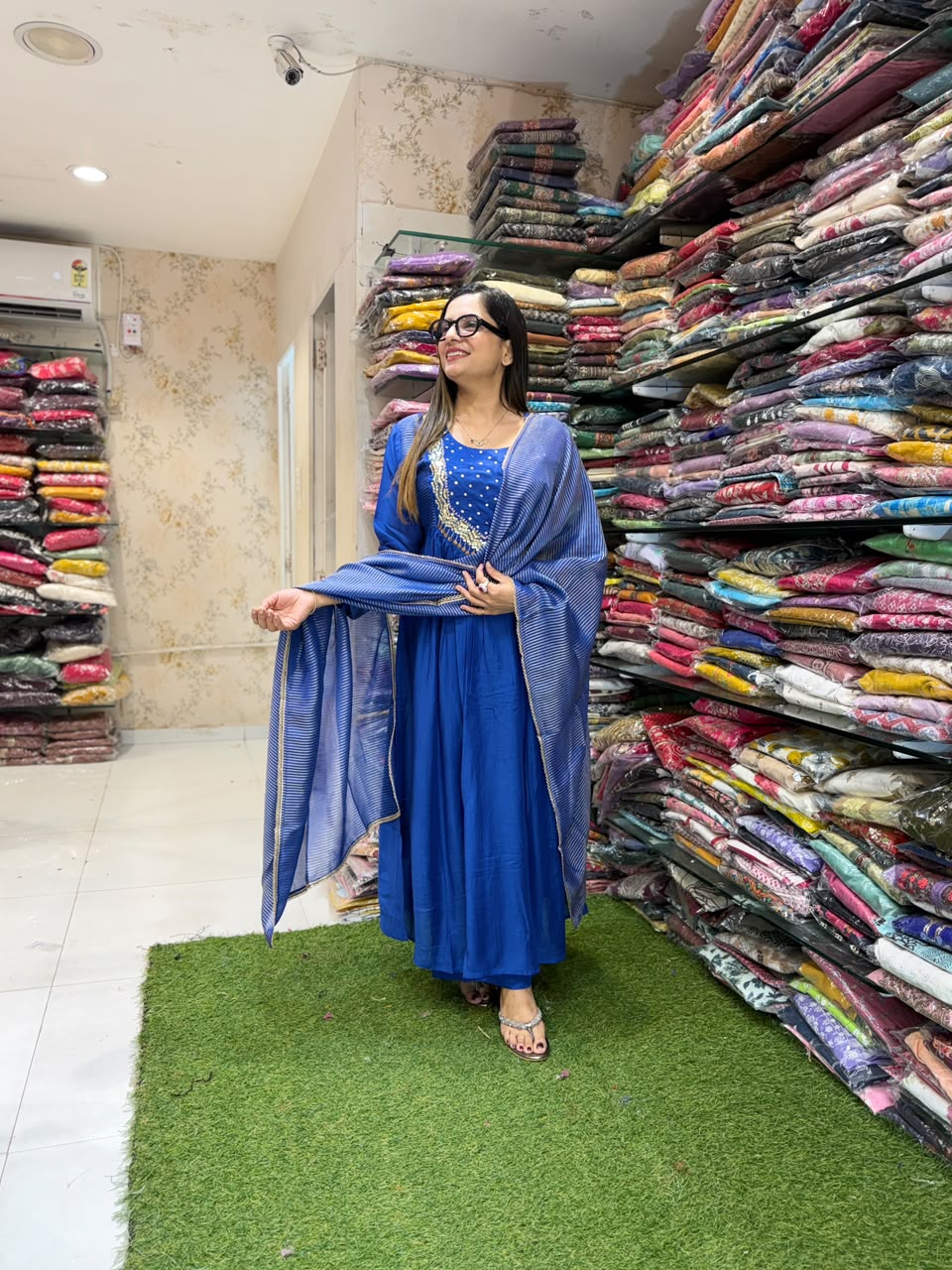 Pure Banaras Mull Chanderi Royal Blue 3pc Set