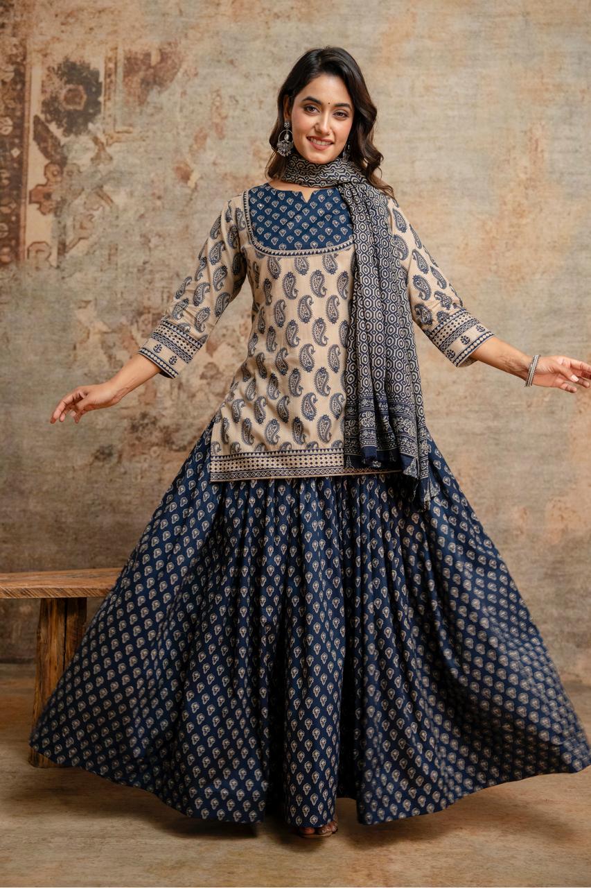 Pure Cotton Beige And Blue 3pc Set