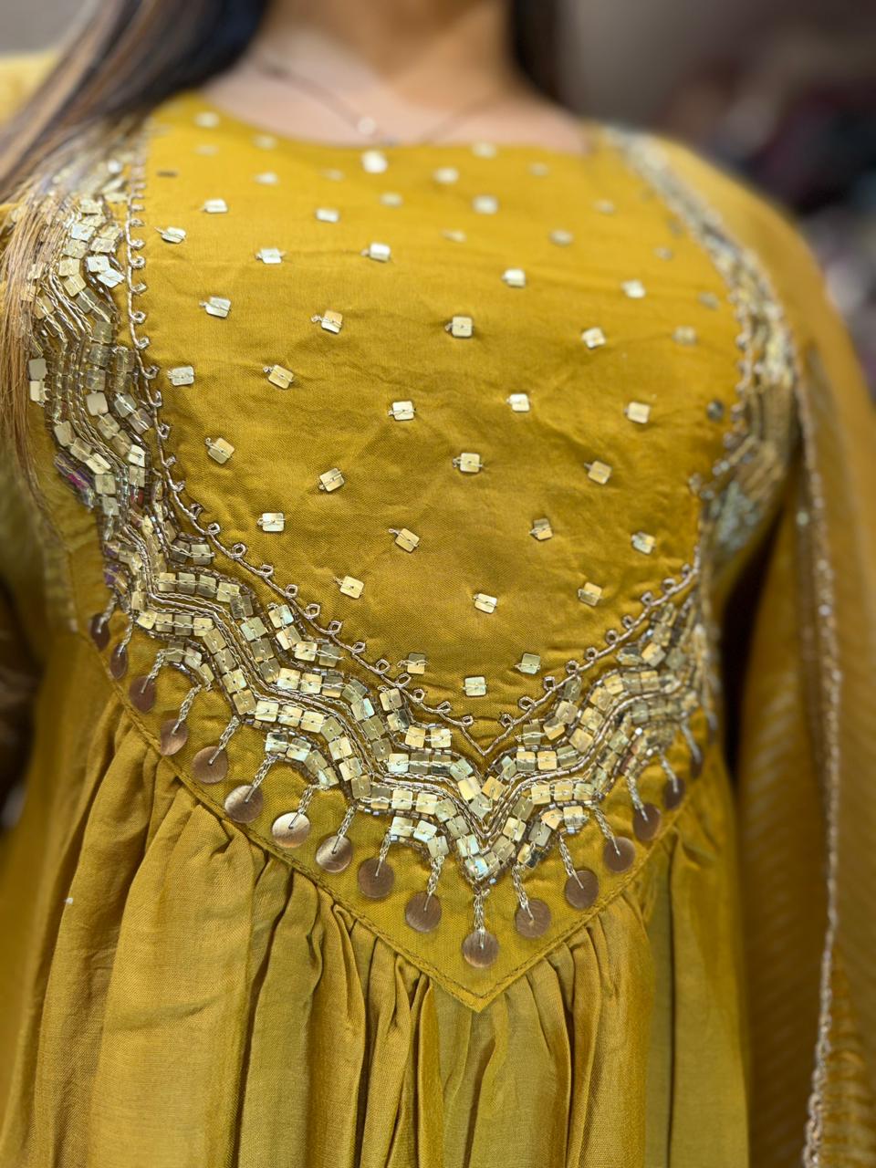Pure Banaras Mull Chanderi Mustard Yellow Anarkali 3pc Set