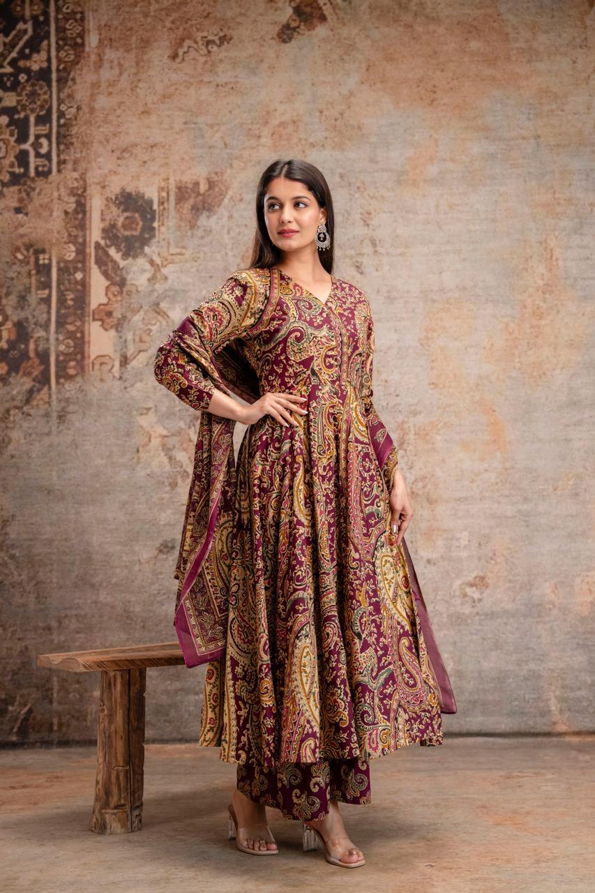 Pure Cotton Maroon 24kali Anarkali 3pc Set