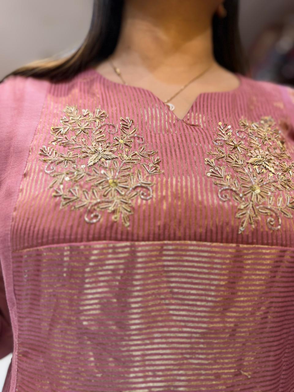 Pure Banaras Mull Chanderi Blush Pink 3pc Set