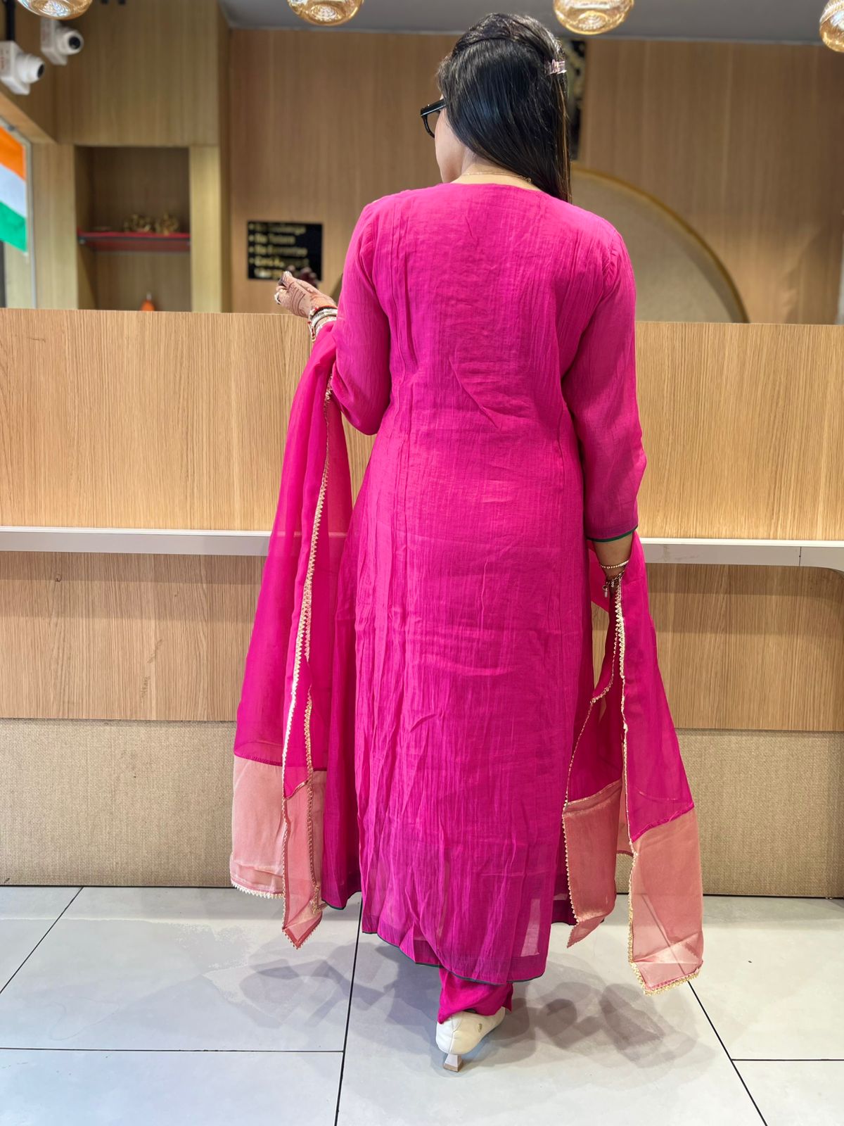 Pure Banaras Mull Chanderi Rani Pink 3pc Set