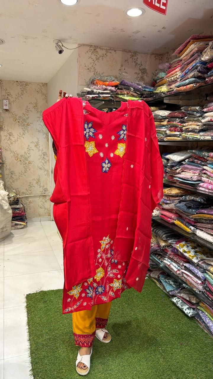 Pure Banaras Mull Chanderi Red 3pc Set