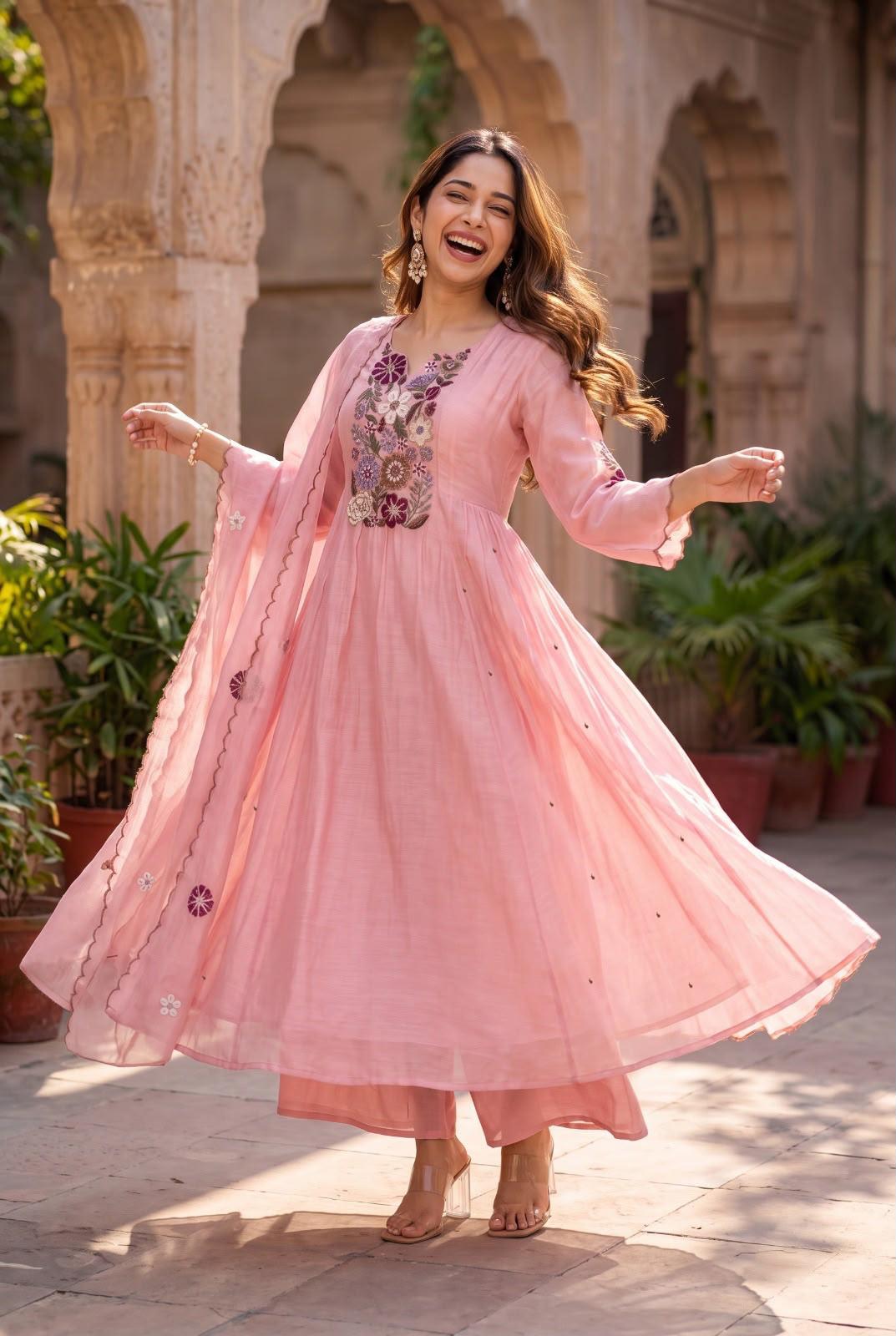 Pure Raw Silk Baby Pink Anarkali 3pc Set