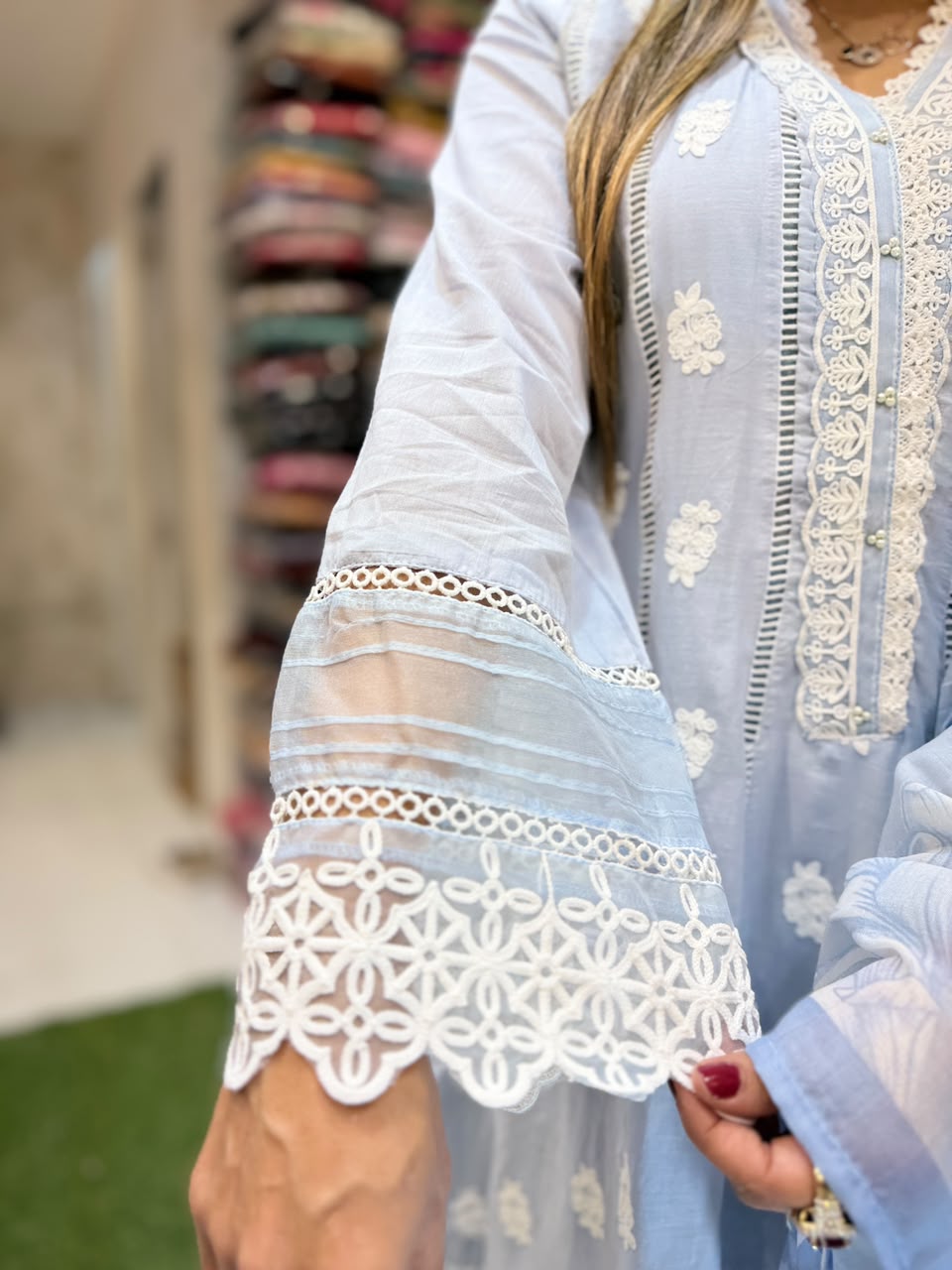Pure Mull cotton Anarkali with lucknowi work Sky color