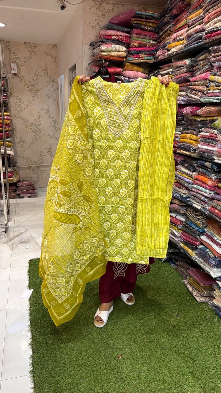Pure 60-60 cotton 3 pc set mustard green