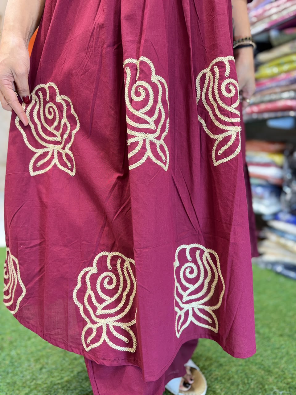 Pure Daabu Cotton A- line 2 pc WINE COLOR