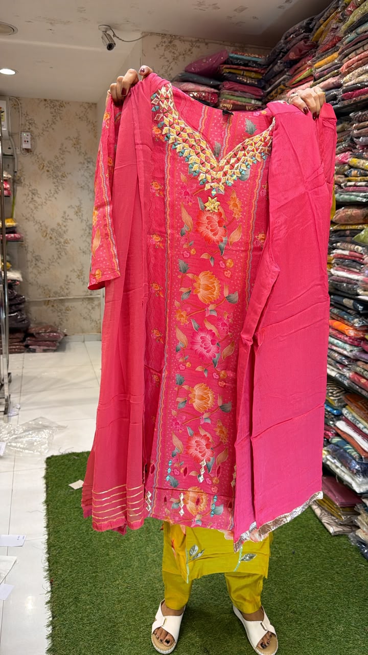 Pure Chinon Gotta Patti work Rani Pink 3pc set