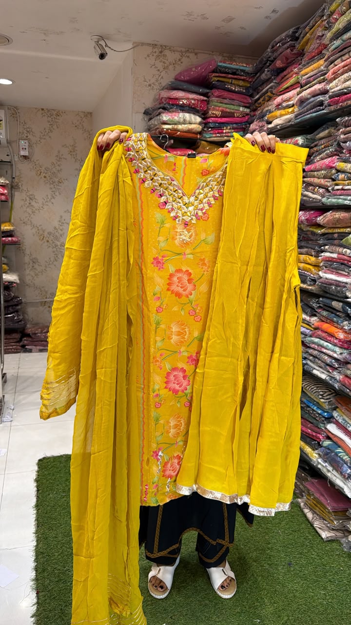 Pure Chinon Gotta Patti work Mustard yellow